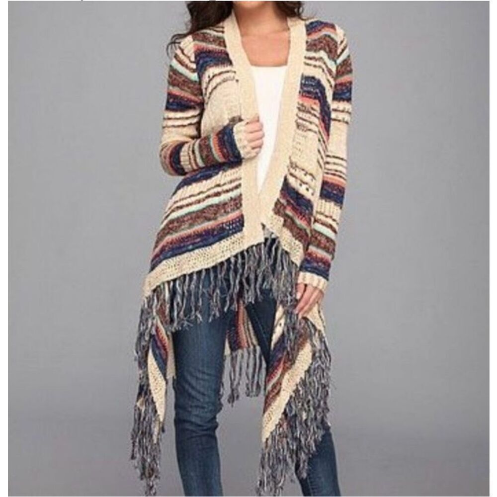 Womens Lucky Brand Fairfax Striped Sweater Fringe Duster Cardigan - Sz XS
